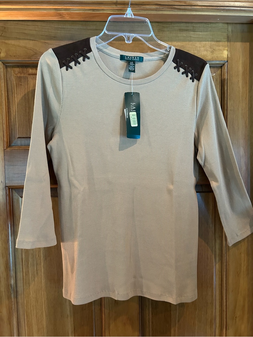 Ralph Lauren Beige 3/4 Sleeve Top with Brown Shoulder Accents